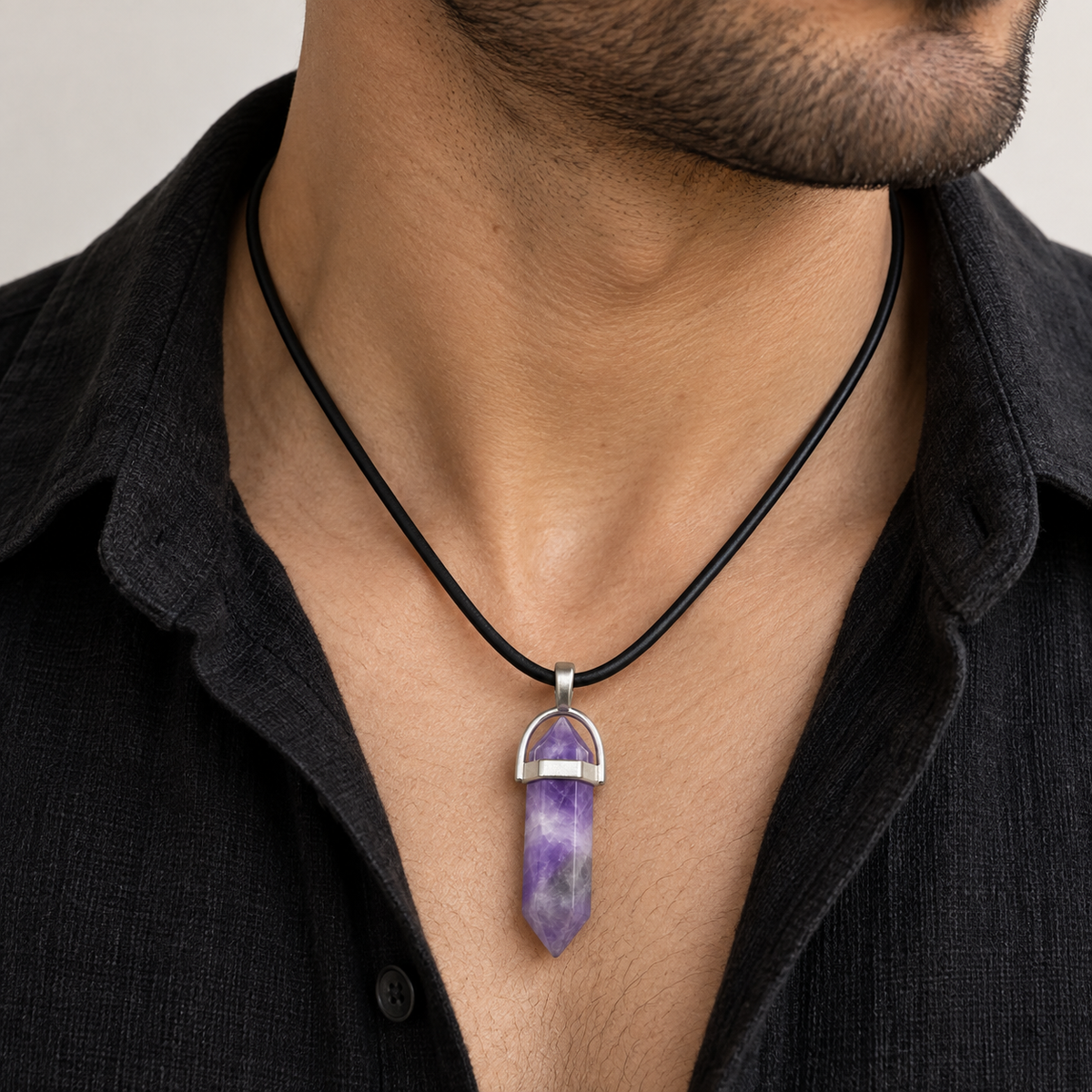 Natural Amethyst Stone Leather Cord Necklace for Men