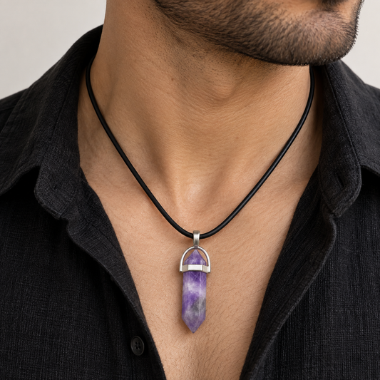 Natural Amethyst Stone Leather Cord Necklace for Men