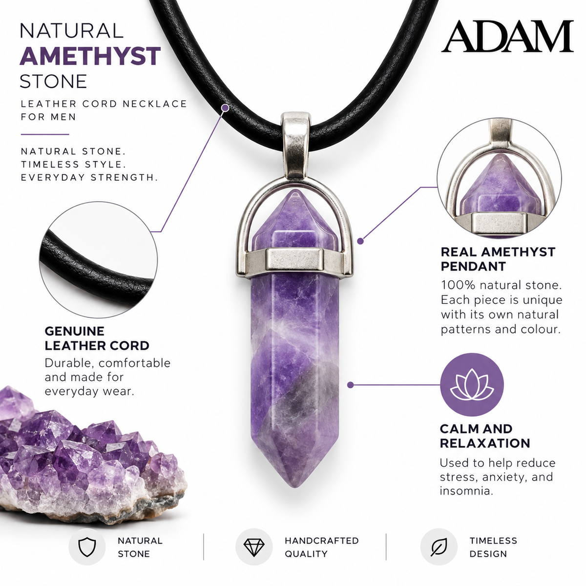 Natural Amethyst Stone Leather Cord Necklace for Men