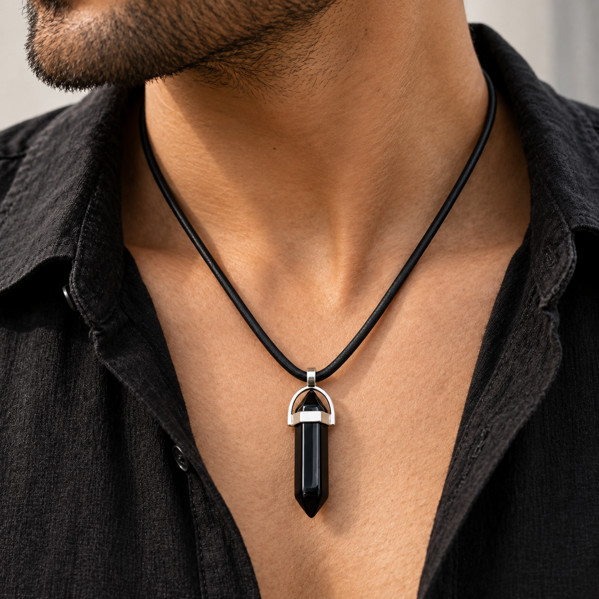 Natural Black Obsidian Stone Leather Cord Necklace for Men