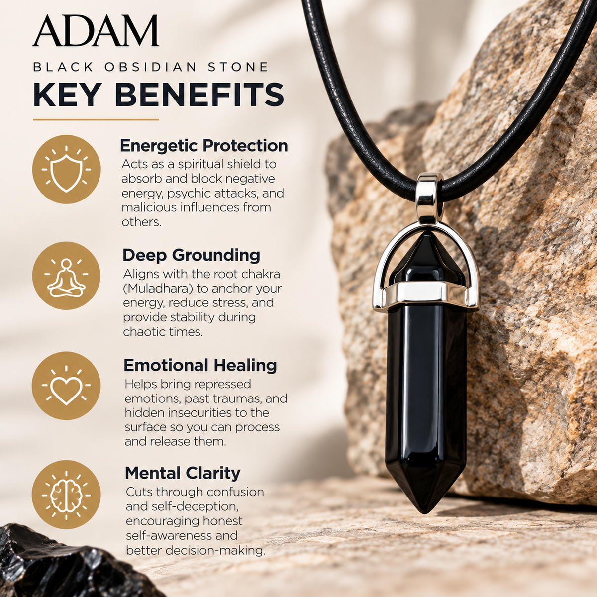 Natural Black Obsidian Stone Leather Cord Necklace for Men