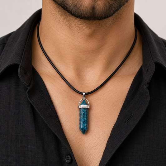 Natural Blue Apatite Stone Leather Cord Necklace for Men