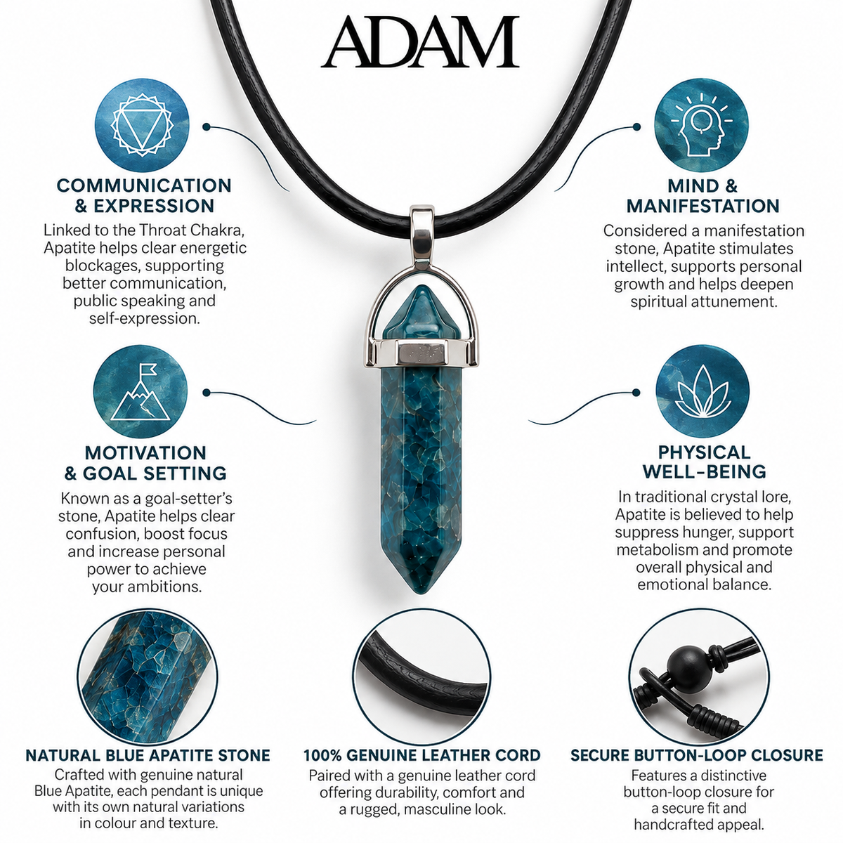 Natural Blue Apatite Stone Leather Cord Necklace for Men