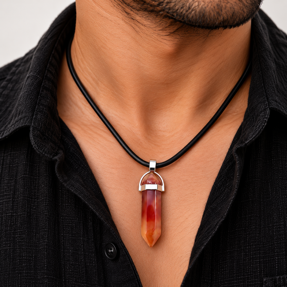 Natural Carnelian Stone Leather Cord Necklace for Men