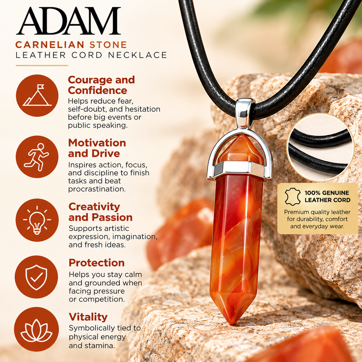 Natural Carnelian Stone Leather Cord Necklace for Men
