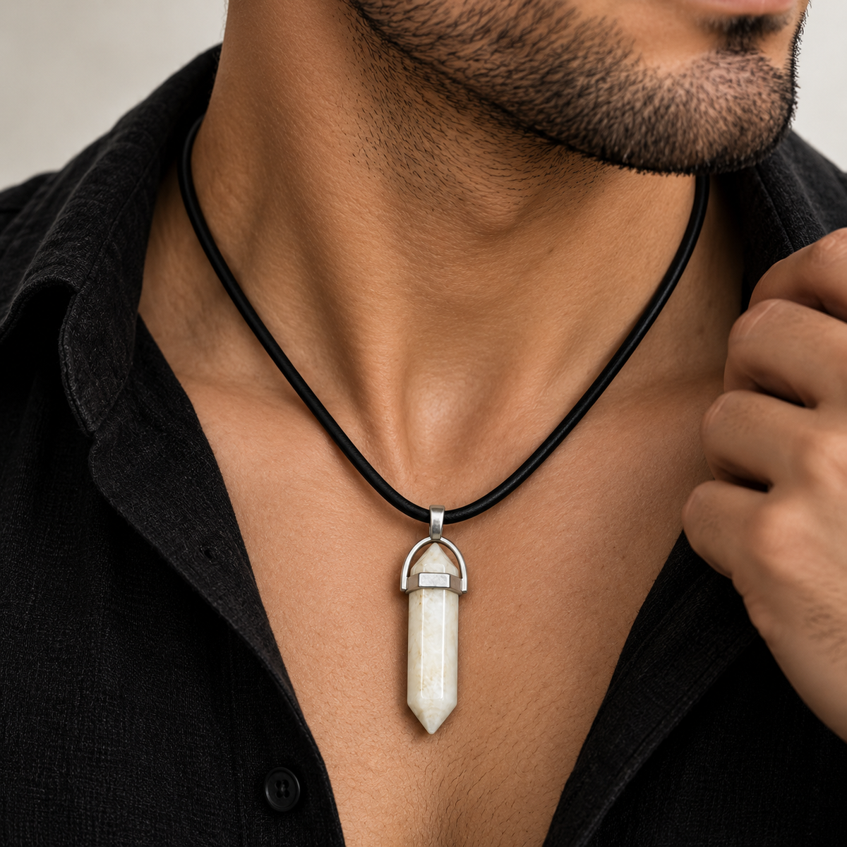 Natural Clear Quartz Leather Cord Necklace for Men