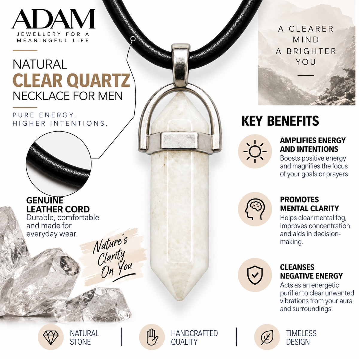 Natural Clear Quartz Leather Cord Necklace for Men