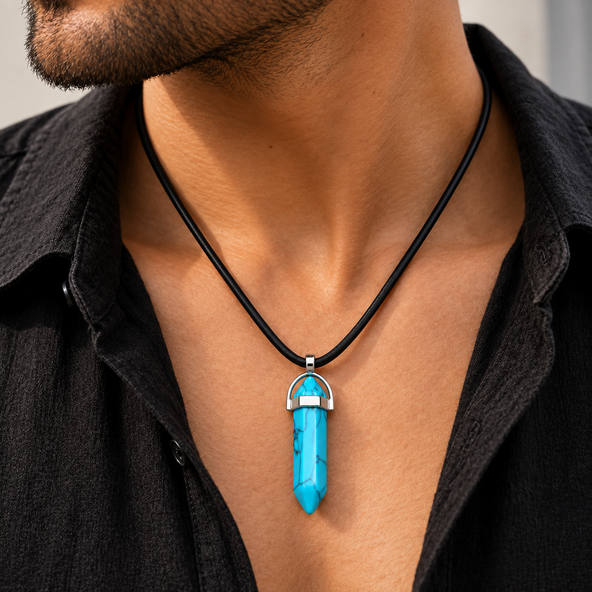 Natural Firoza Stone Leather Cord Necklace for Men