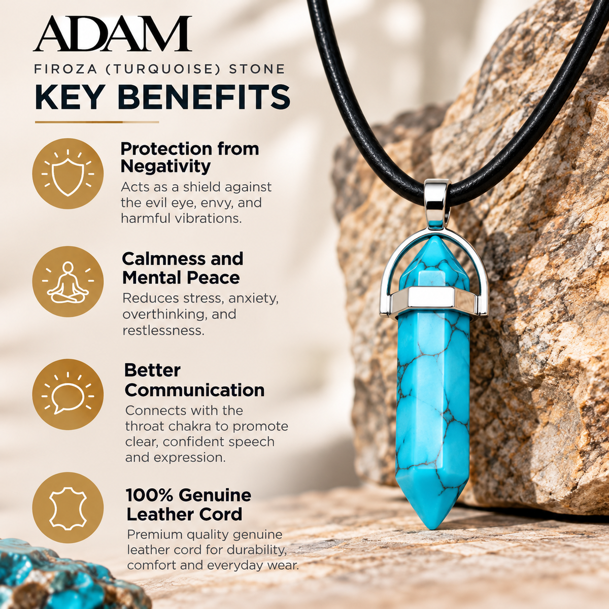 Natural Firoza Stone Leather Cord Necklace for Men