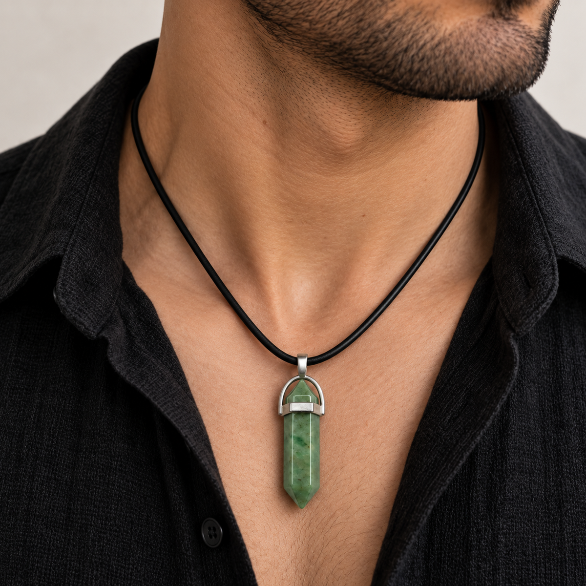 Natural Green Aventurine Stone Leather Cord Necklace for Men