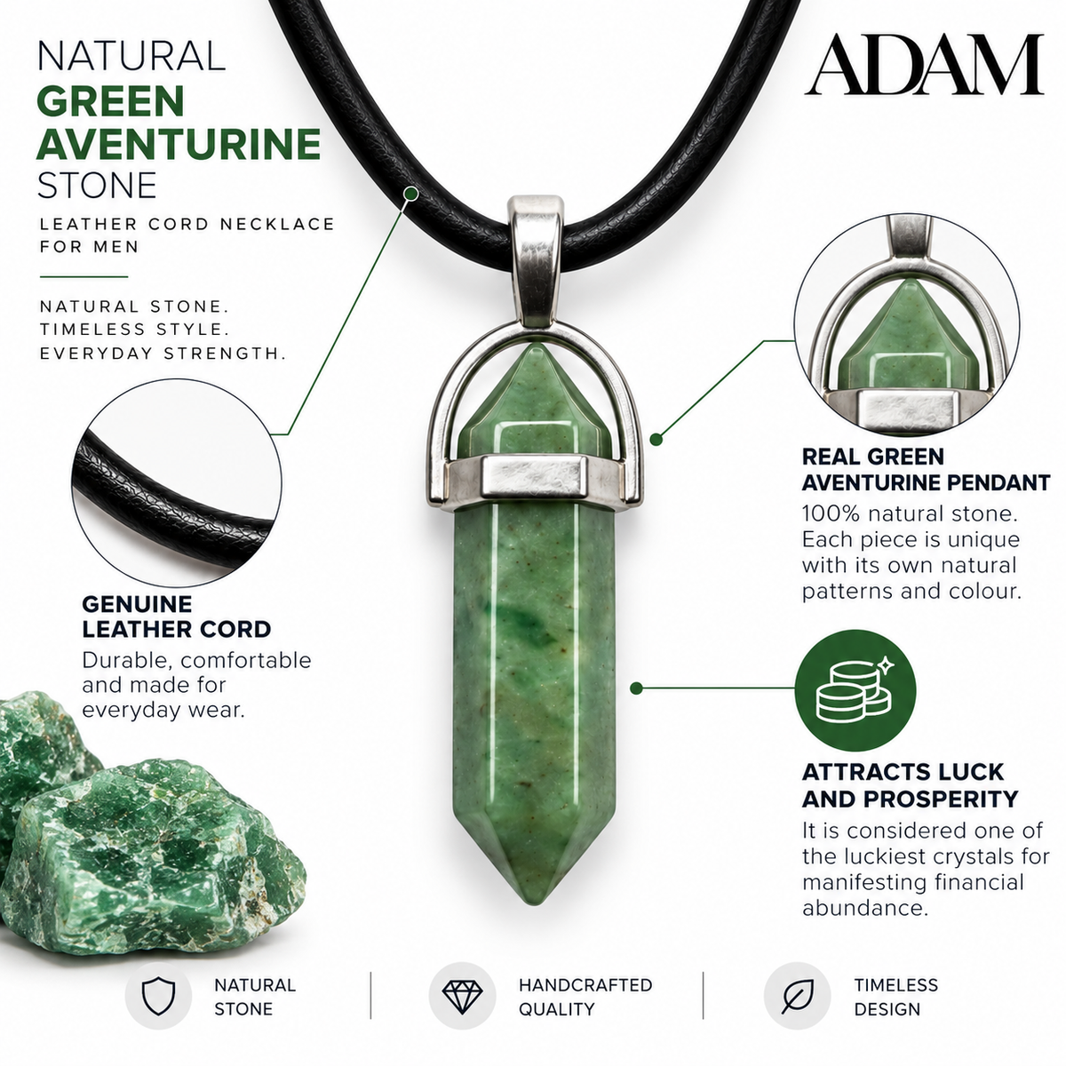 Natural Green Aventurine Stone Leather Cord Necklace for Men