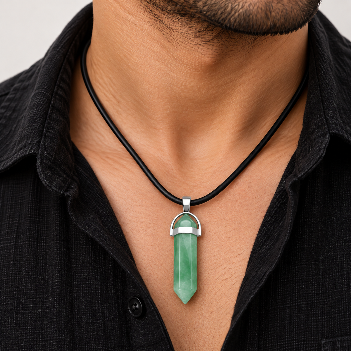 Natural Green Strawberry Quartz Stone Leather Cord Necklace for Men