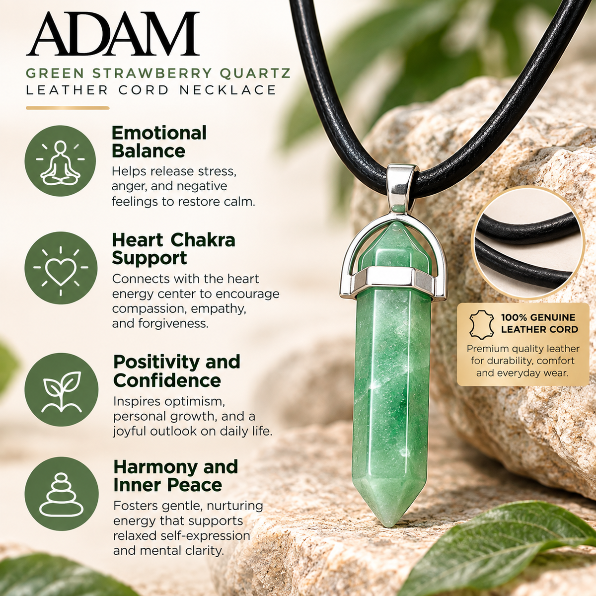 Natural Green Strawberry Quartz Stone Leather Cord Necklace for Men