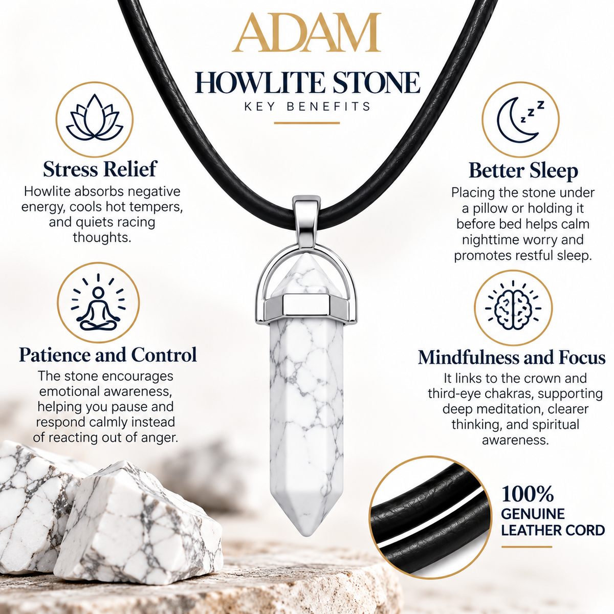 Natural Howlite Stone Leather Cord Necklace for Men