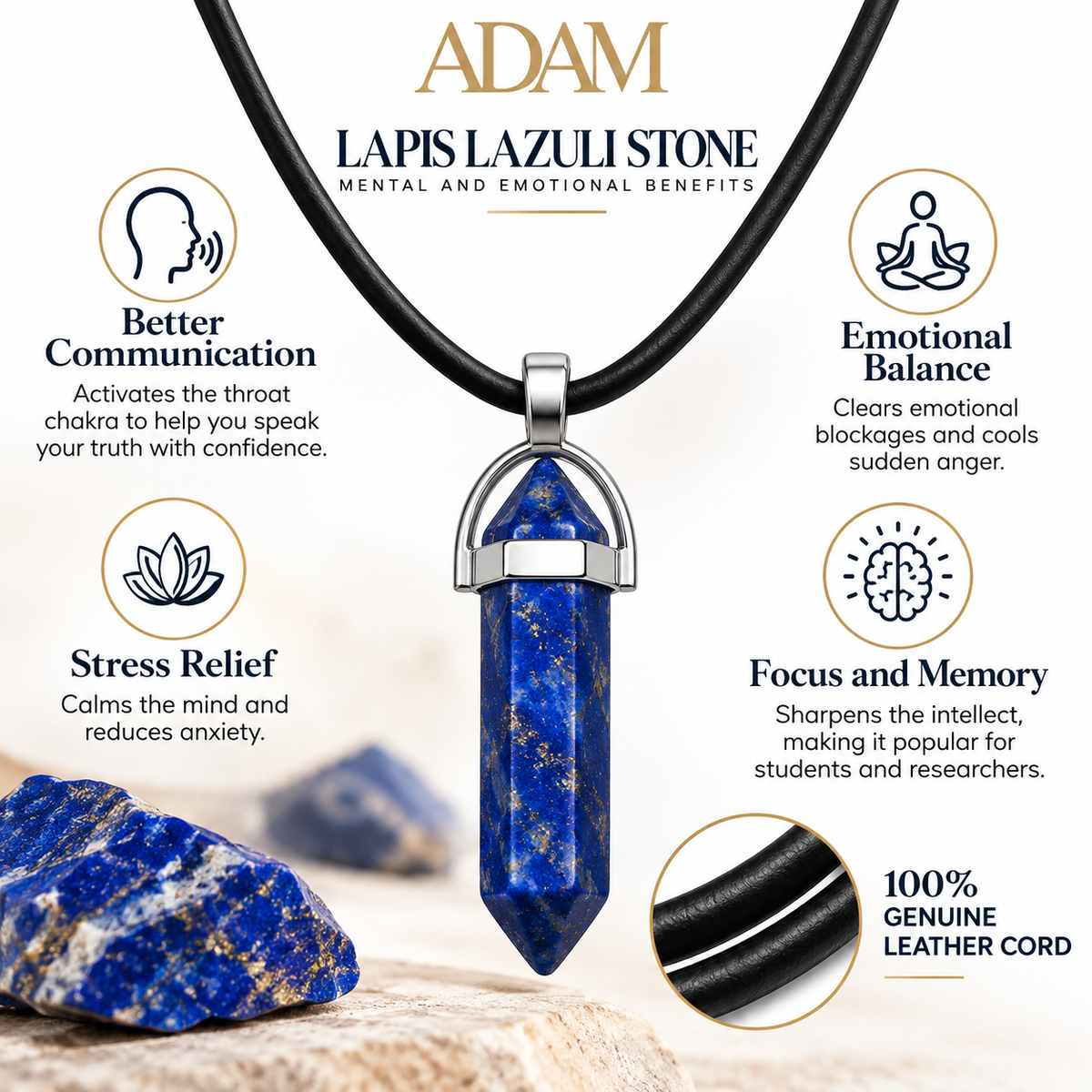 Natural Lapis Lazuli Stone Leather Cord Necklace for Men