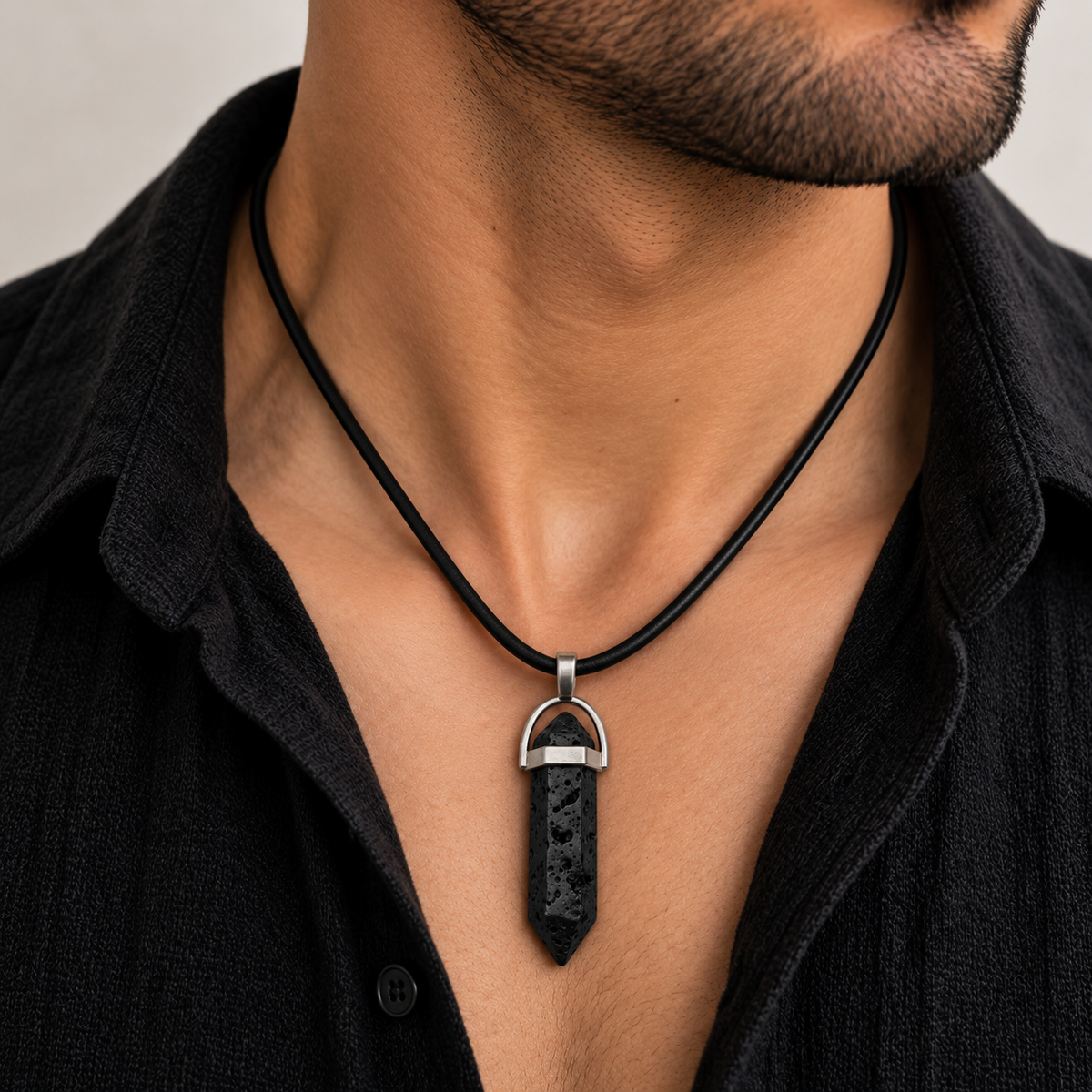 Natural Lava Stone Leather Cord Necklace for Men