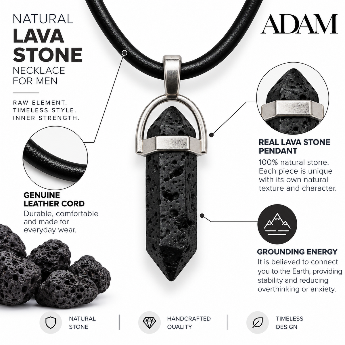 Natural Lava Stone Leather Cord Necklace for Men