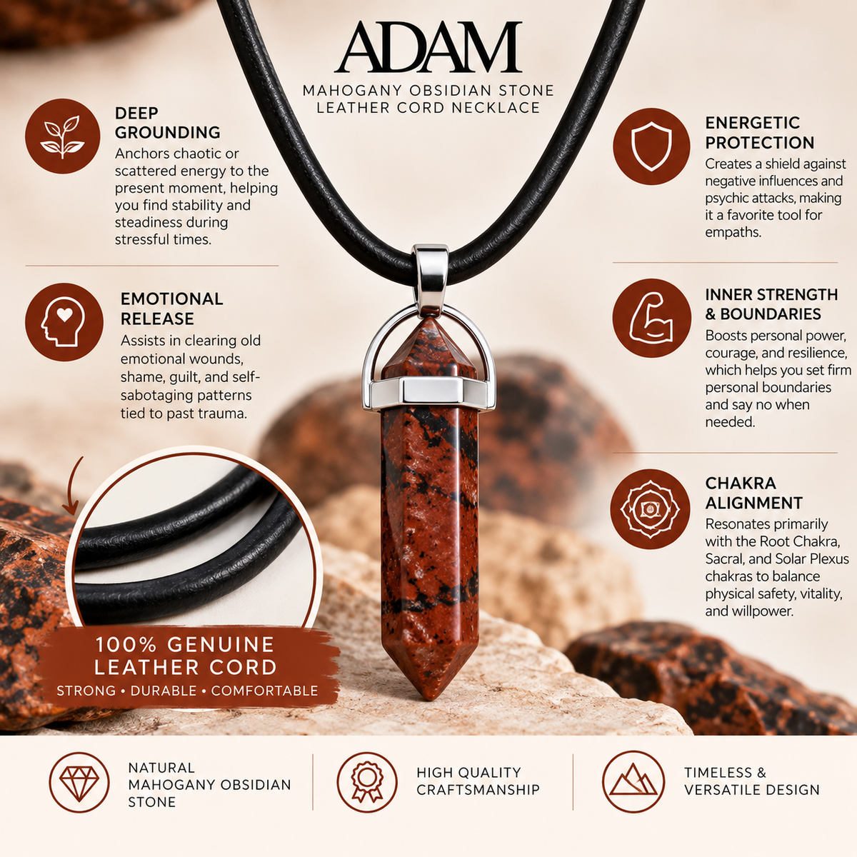 Natural Mahogany Obsidian Stone Leather Cord Necklace for Men
