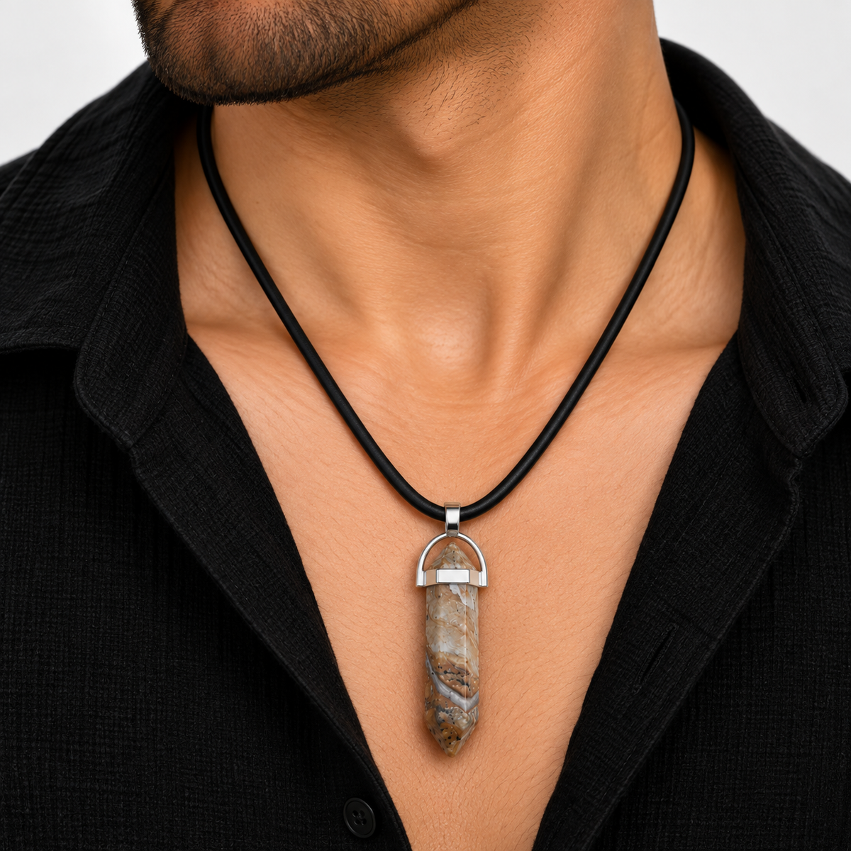 Natural Picture Jasper Stone Leather Cord Necklace for Men