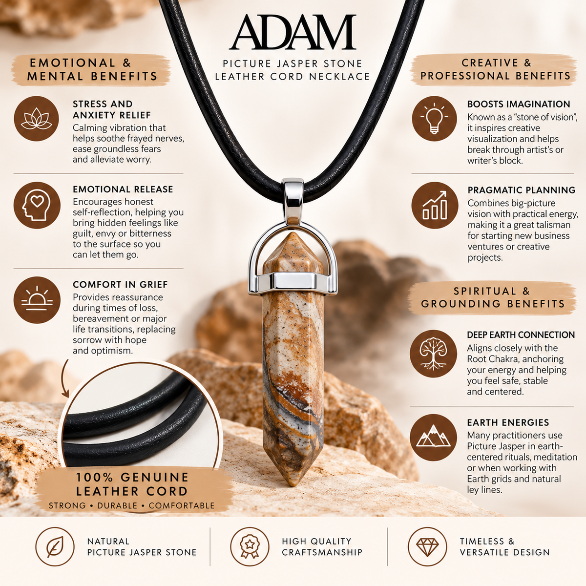 Natural Picture Jasper Stone Leather Cord Necklace for Men