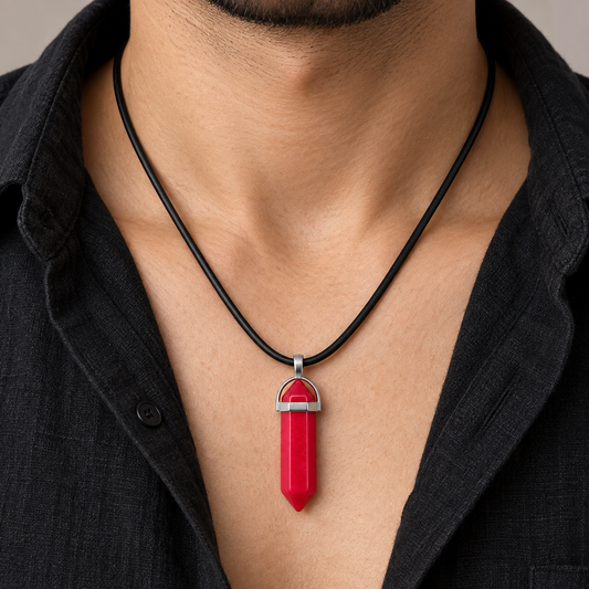 Natural Pink Jade Stone Leather Cord Necklace for Men