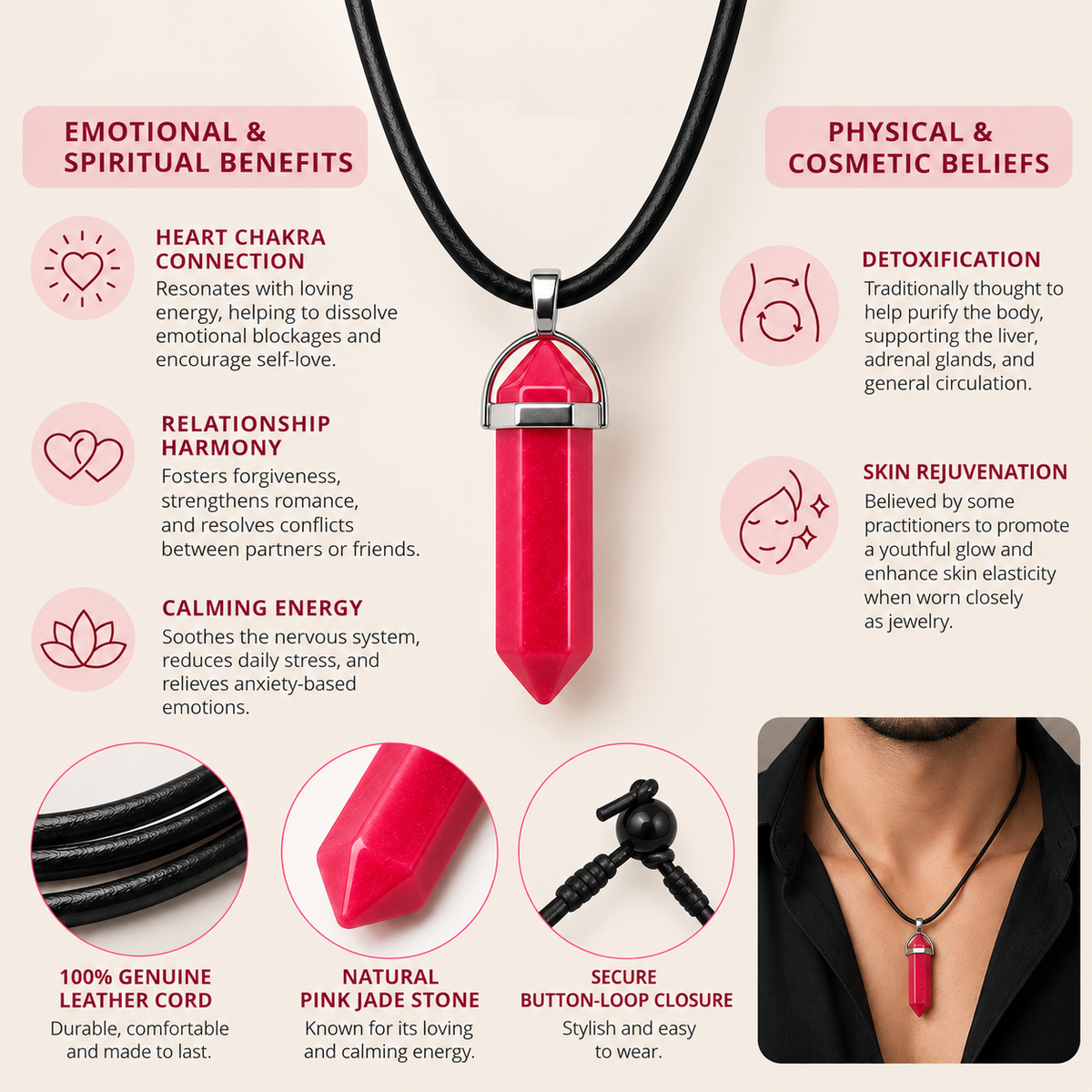 Natural Pink Jade Stone Leather Cord Necklace for Men
