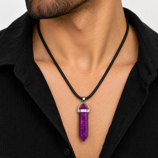 Natural Purple Jade Stone Leather Cord Necklace for Men