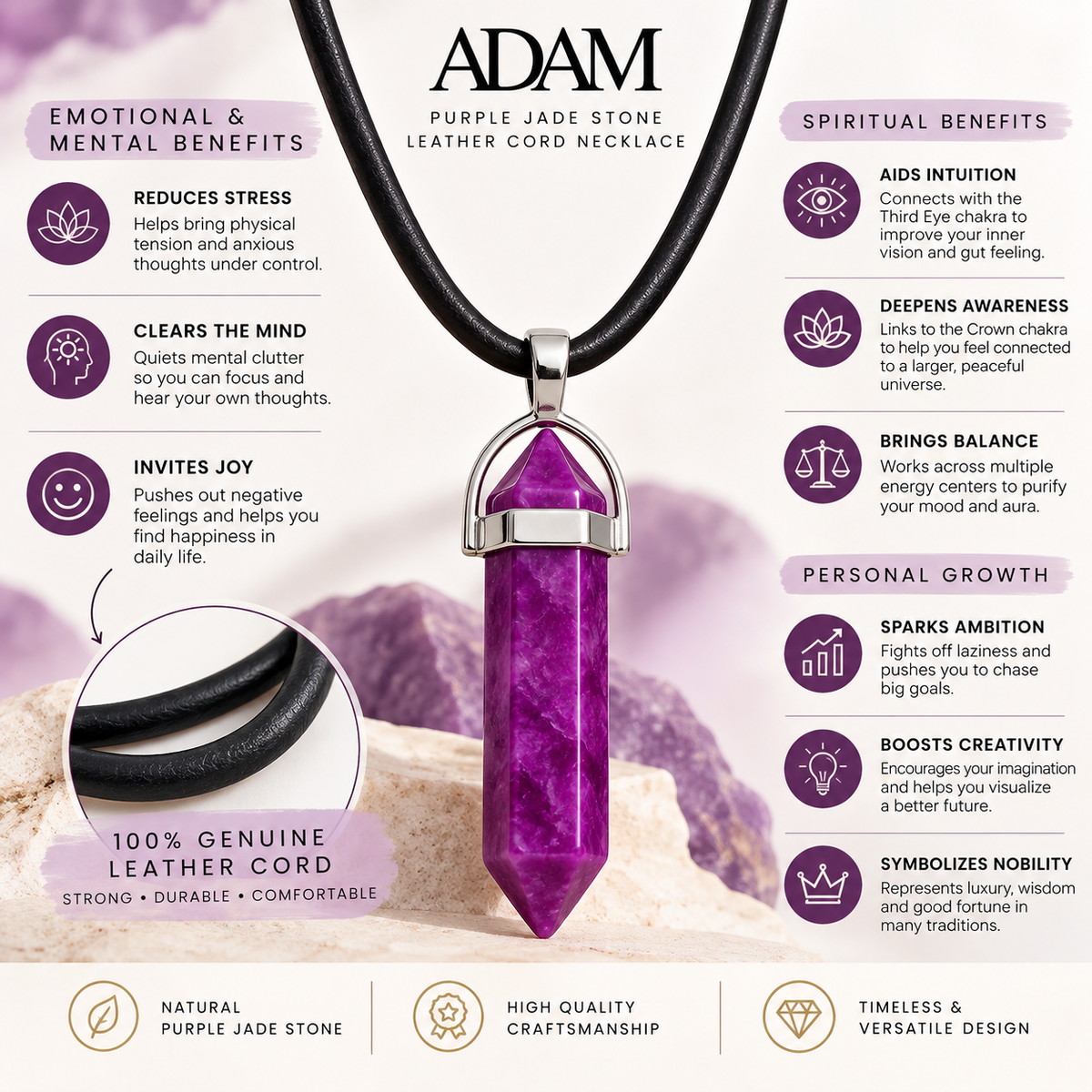 Natural Purple Jade Stone Leather Cord Necklace for Men