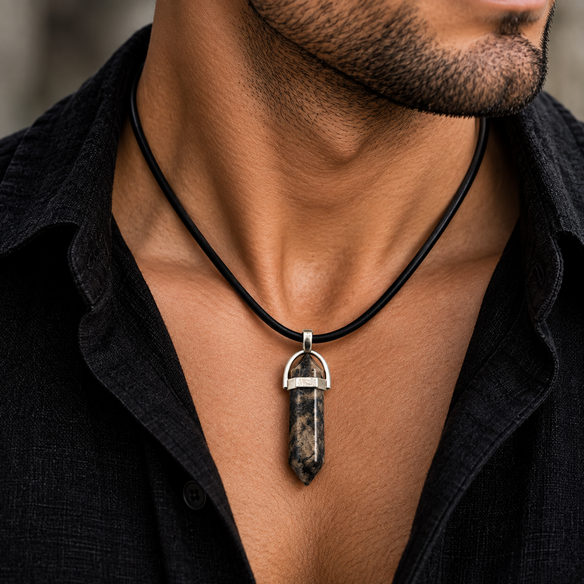 Natural Rhodonite Stone Leather Cord Necklace for Men