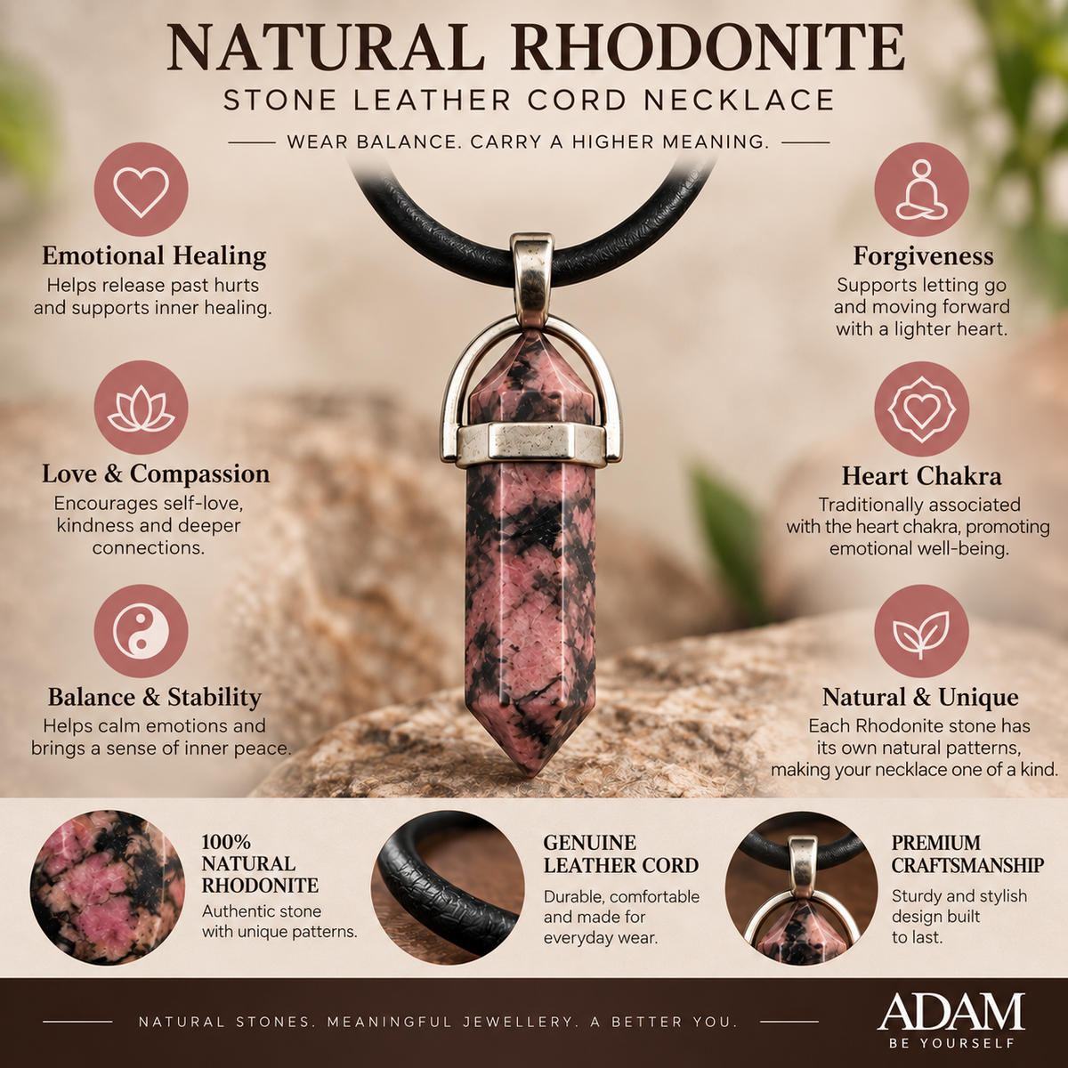 Natural Rhodonite Stone Leather Cord Necklace for Men