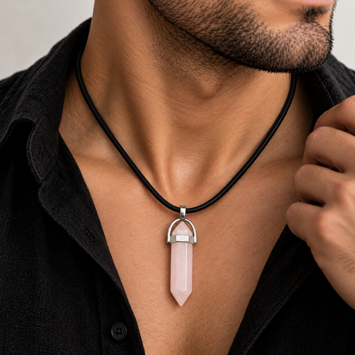 Natural Rose Quartz Stone Leather Cord Necklace for Men