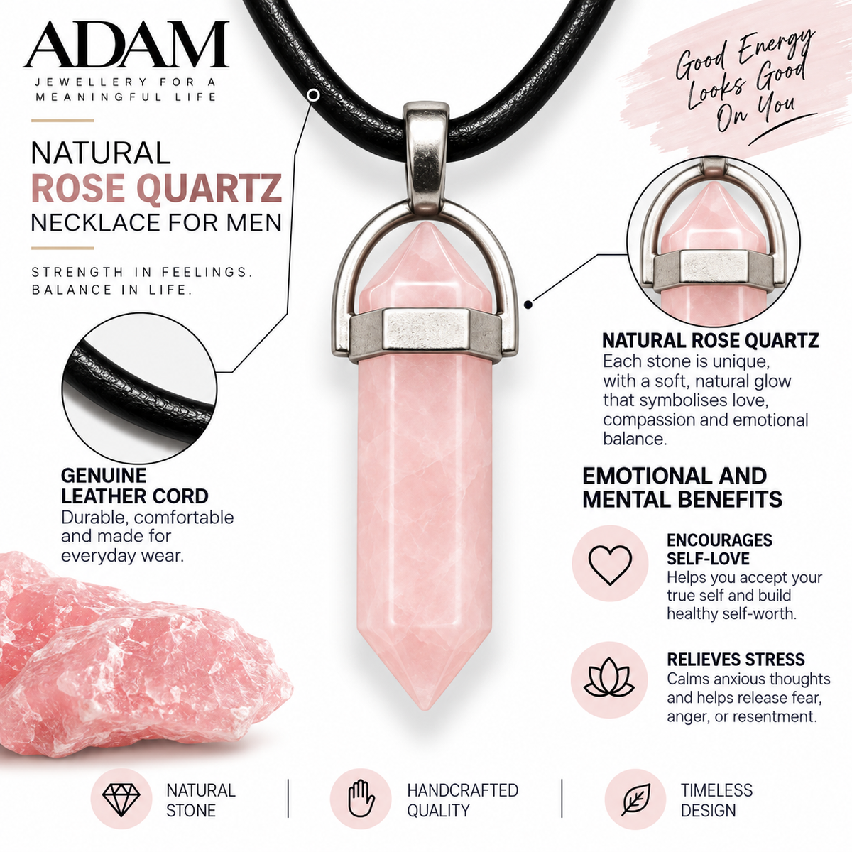 Natural Rose Quartz Stone Leather Cord Necklace for Men