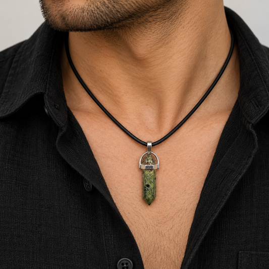Natural Ruby Zoisite Stone Leather Cord Necklace for Men