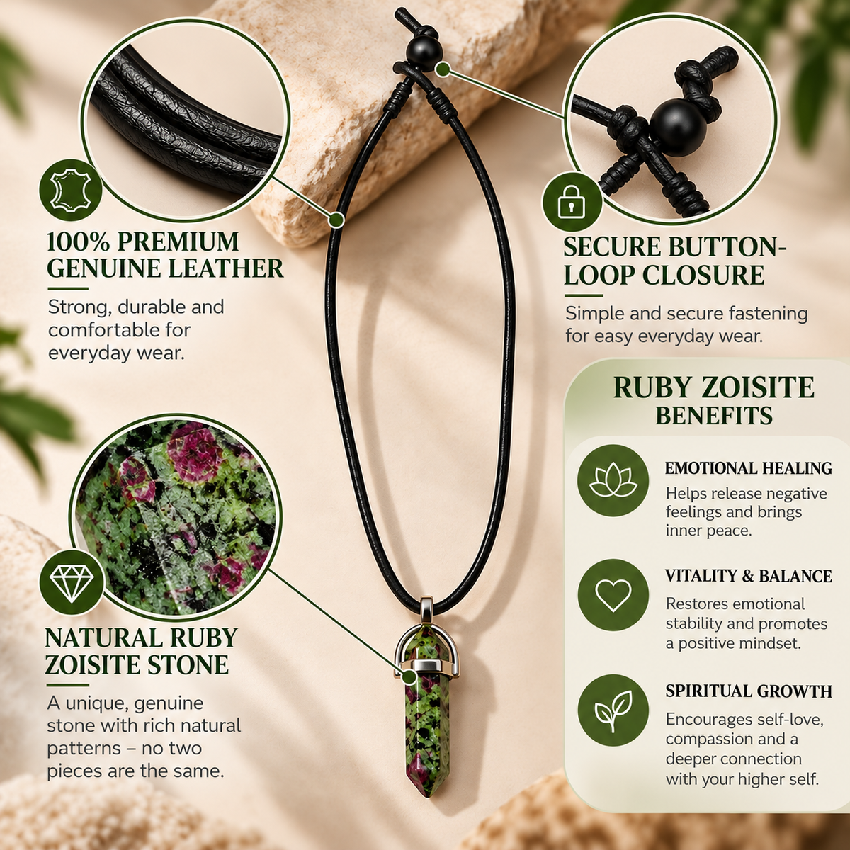Natural Ruby Zoisite Stone Leather Cord Necklace for Men