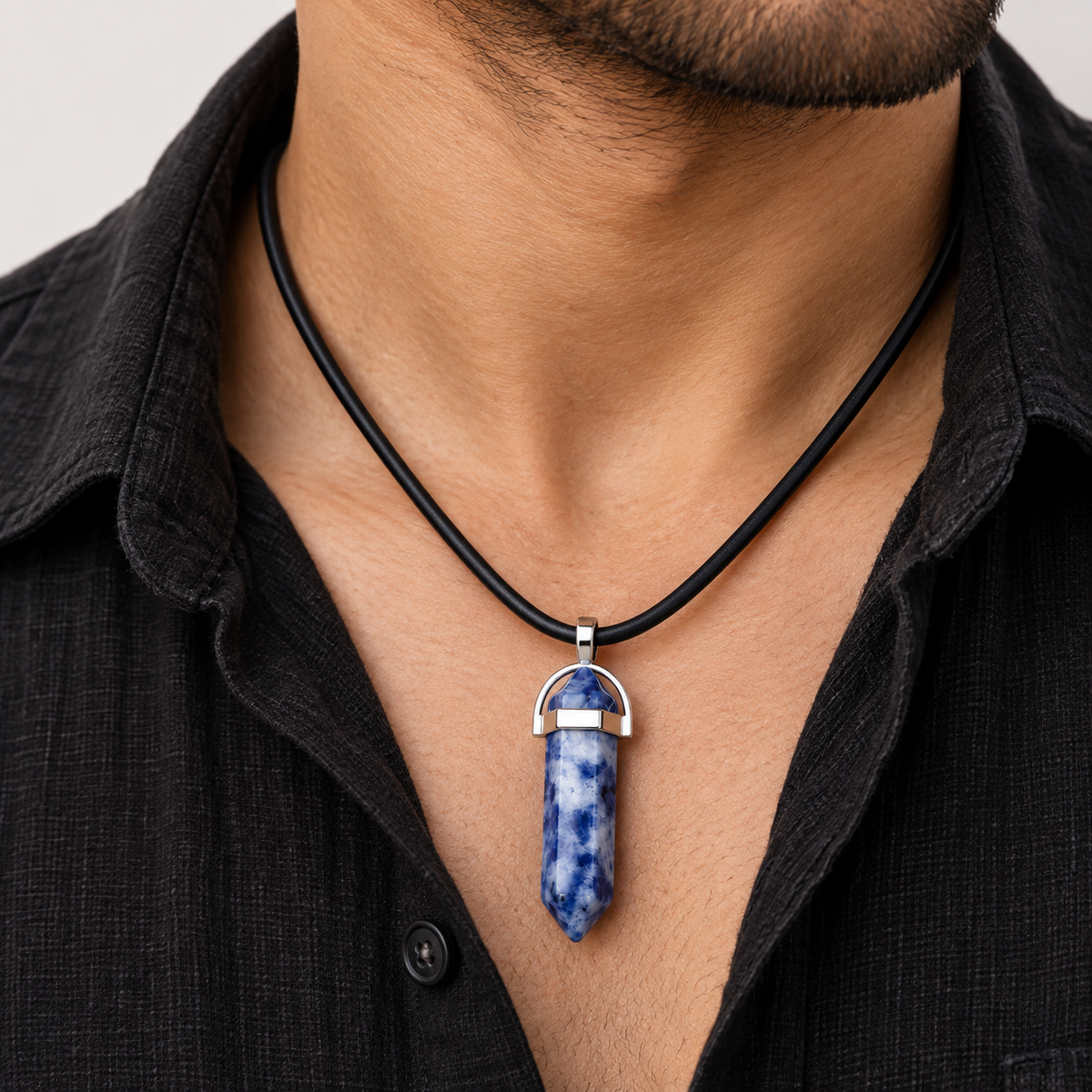 Natural Sodalite Stone Leather Cord Necklace for Men