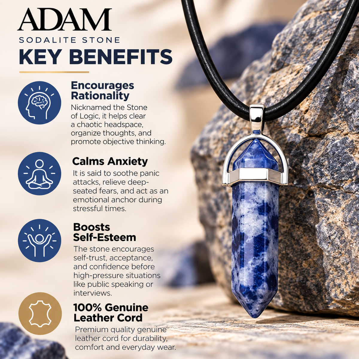 Natural Sodalite Stone Leather Cord Necklace for Men