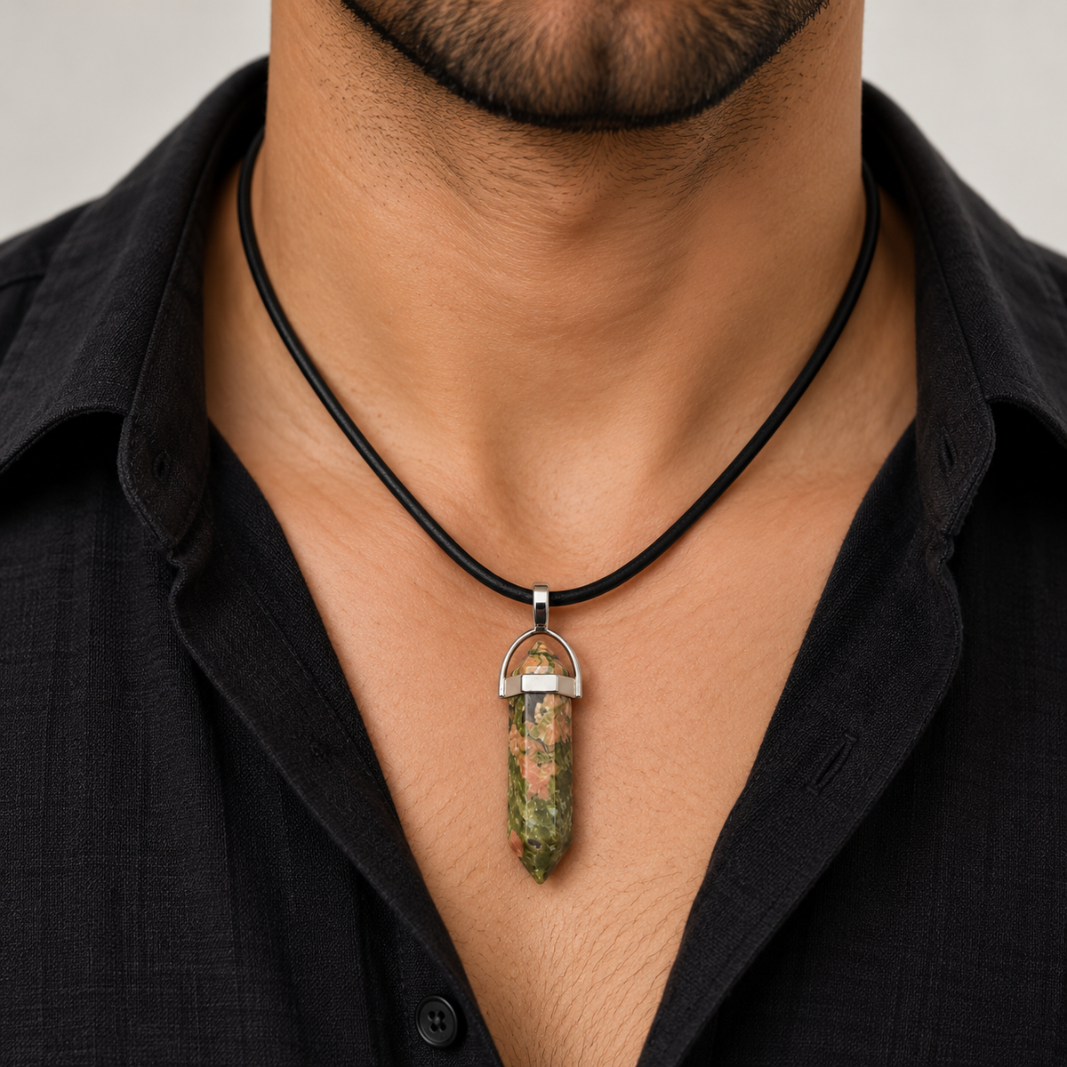 Natural Unakite Stone Leather Cord Necklace for Men