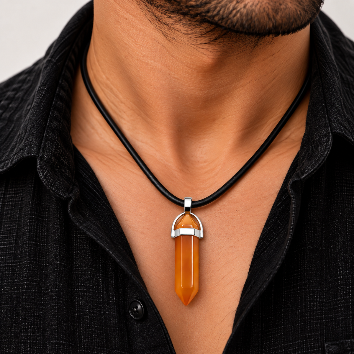 Natural Yellow Jade Stone Leather Cord Necklace for Men