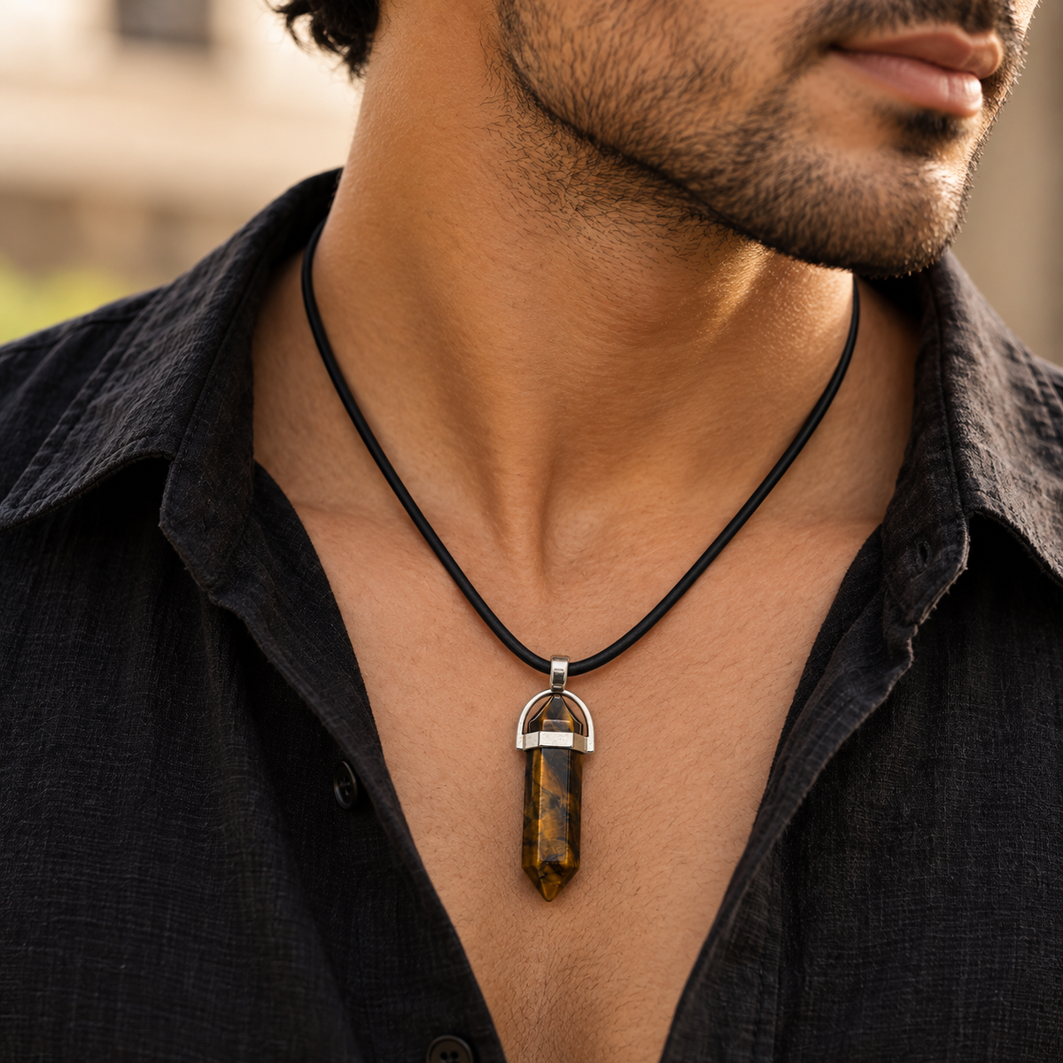 Natural Tiger Eye Stone Leather Cord Necklace for Men
