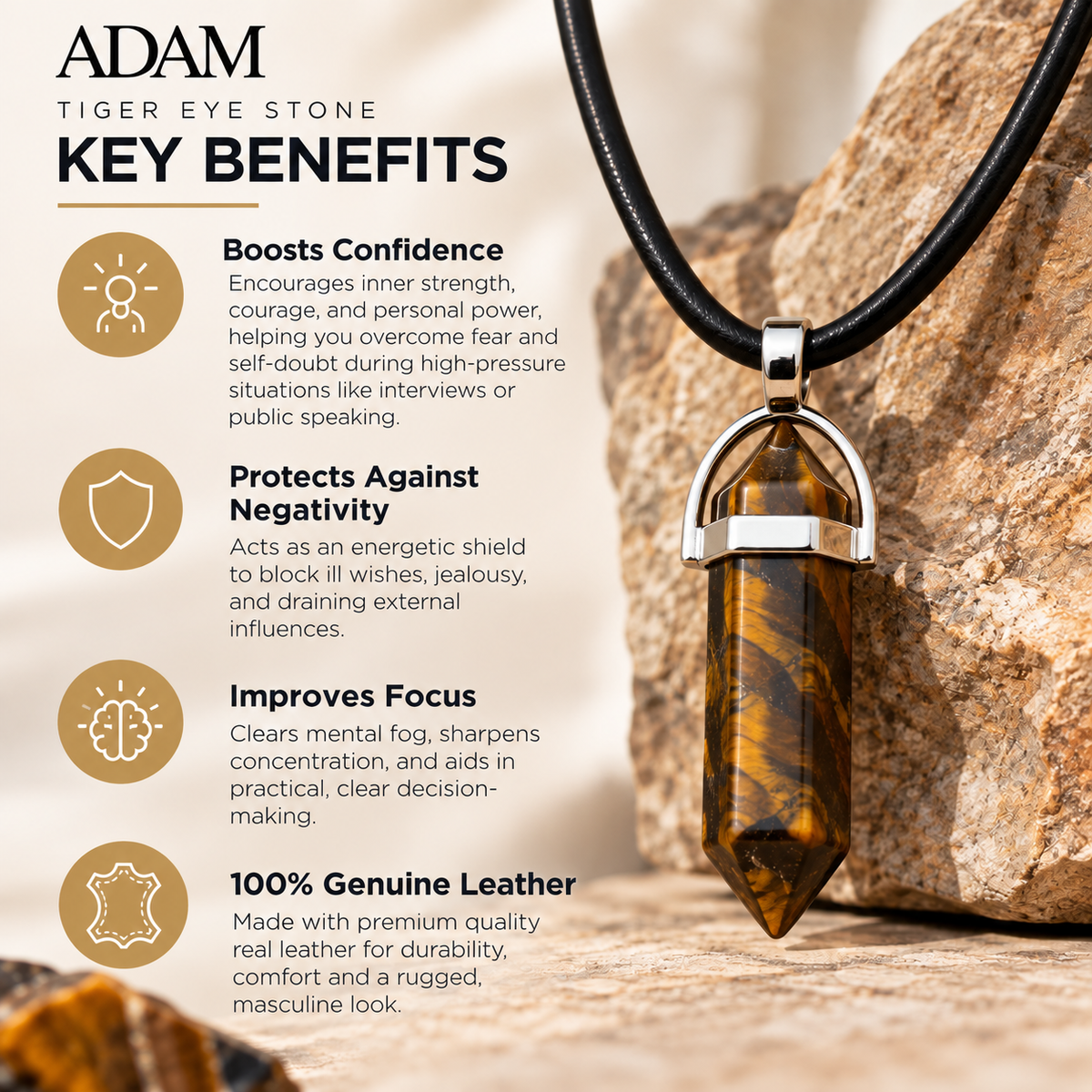 Natural Tiger Eye Stone Leather Cord Necklace for Men