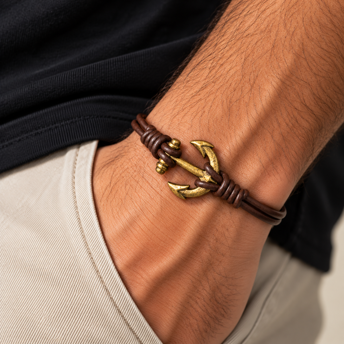 Nautical Anchor Leather Bracelet for Men