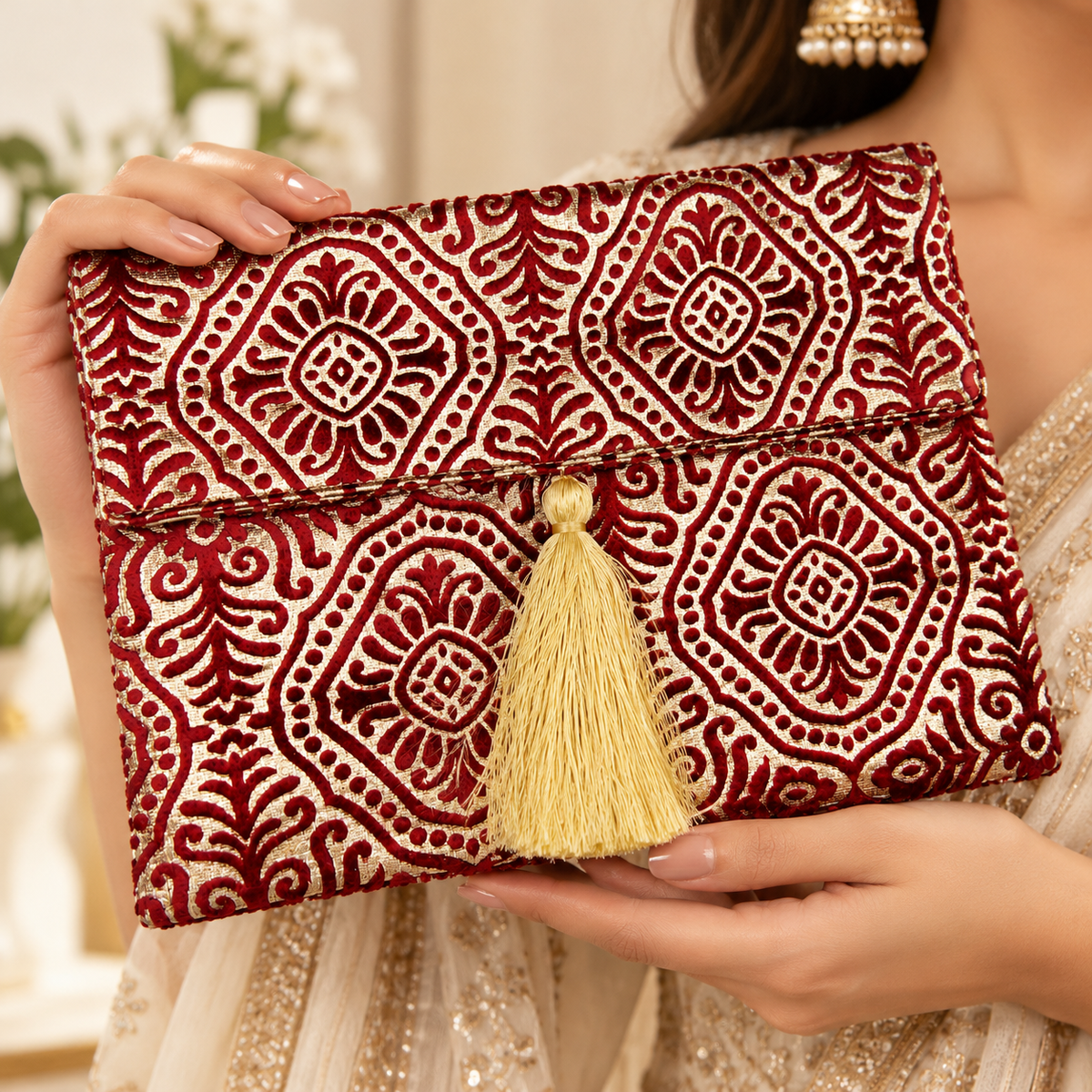 Ornate Burgundy & Gold Embroidered Clutch with Tassel