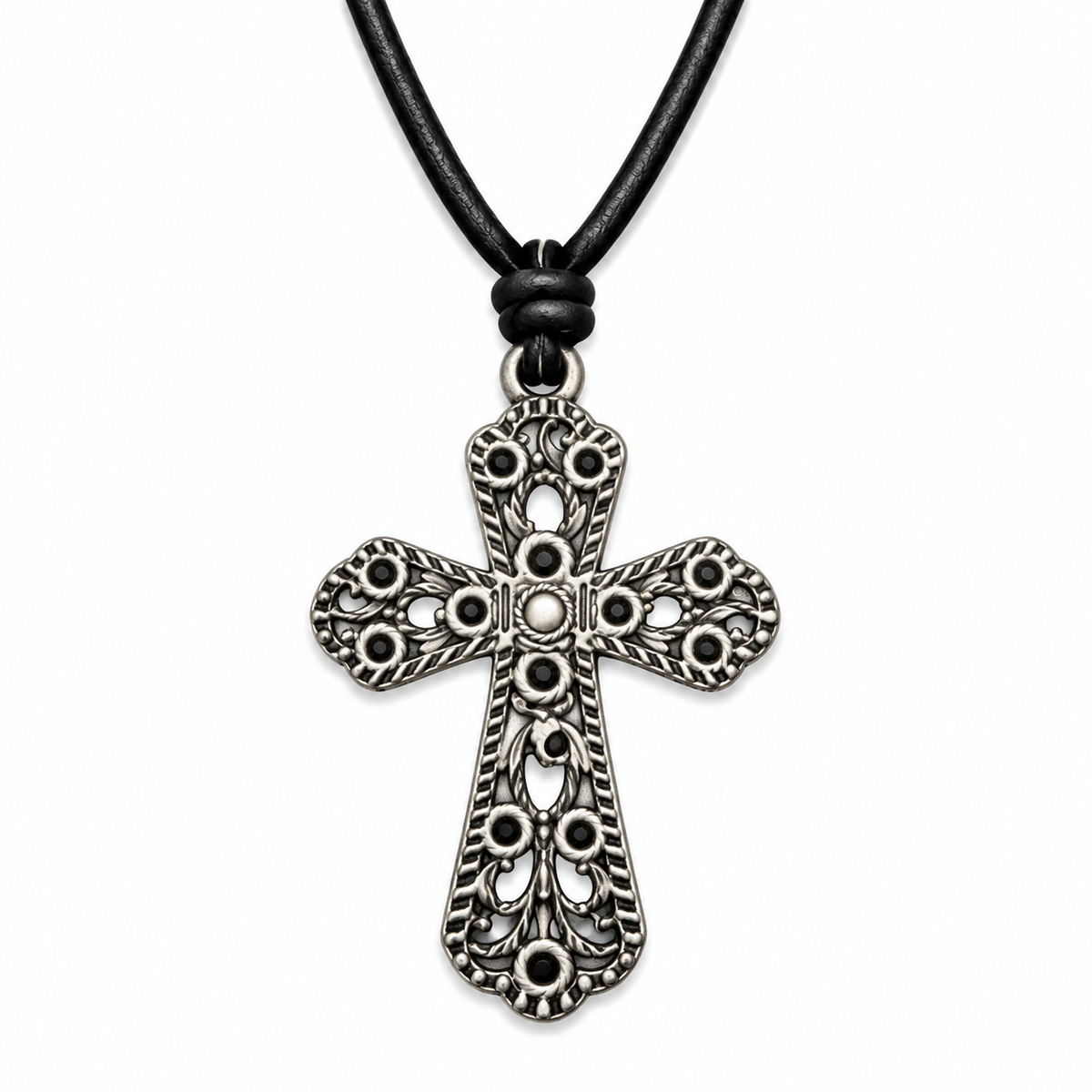 Ornate Cross Pendant Leather Necklace for Men