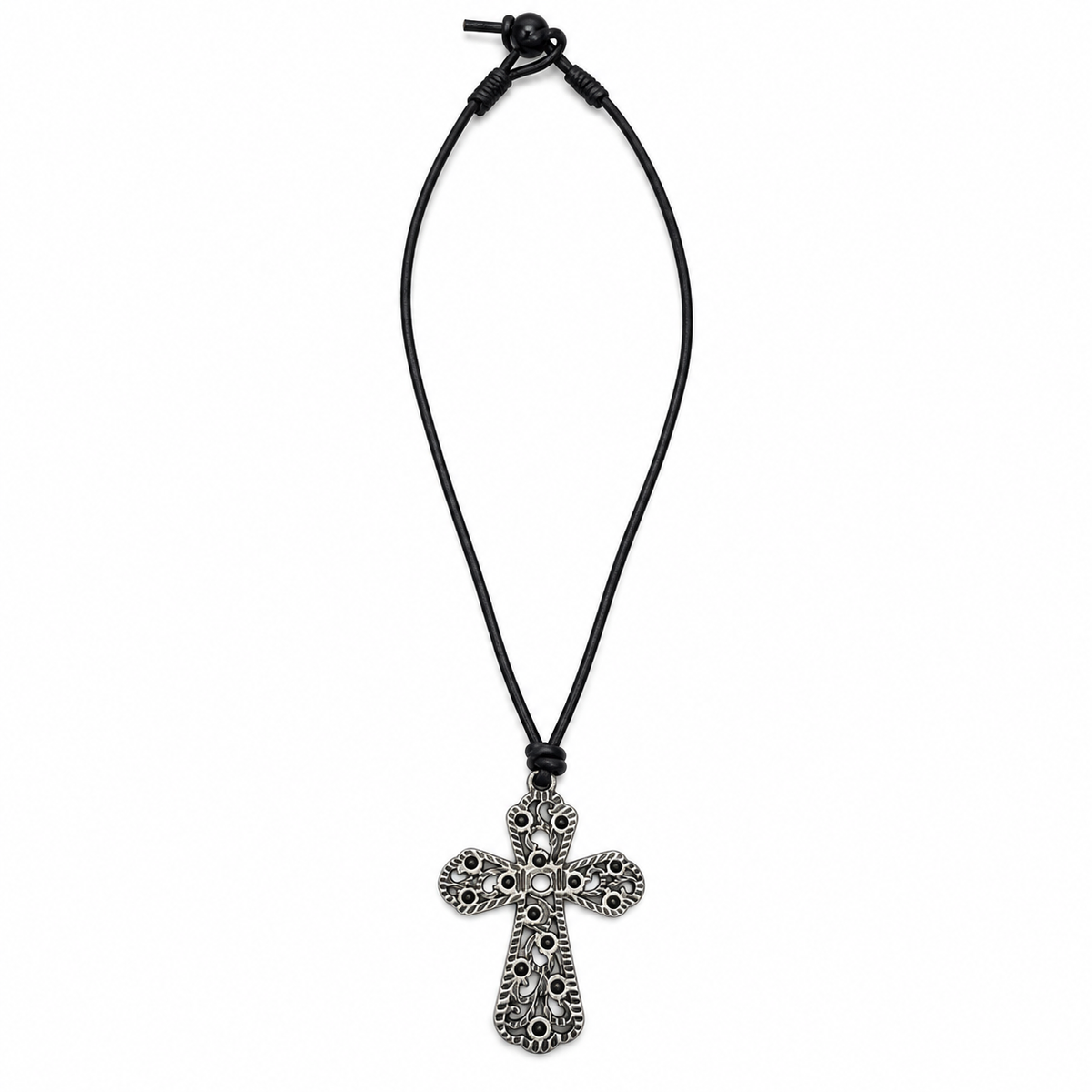 Ornate Cross Pendant Leather Necklace for Men