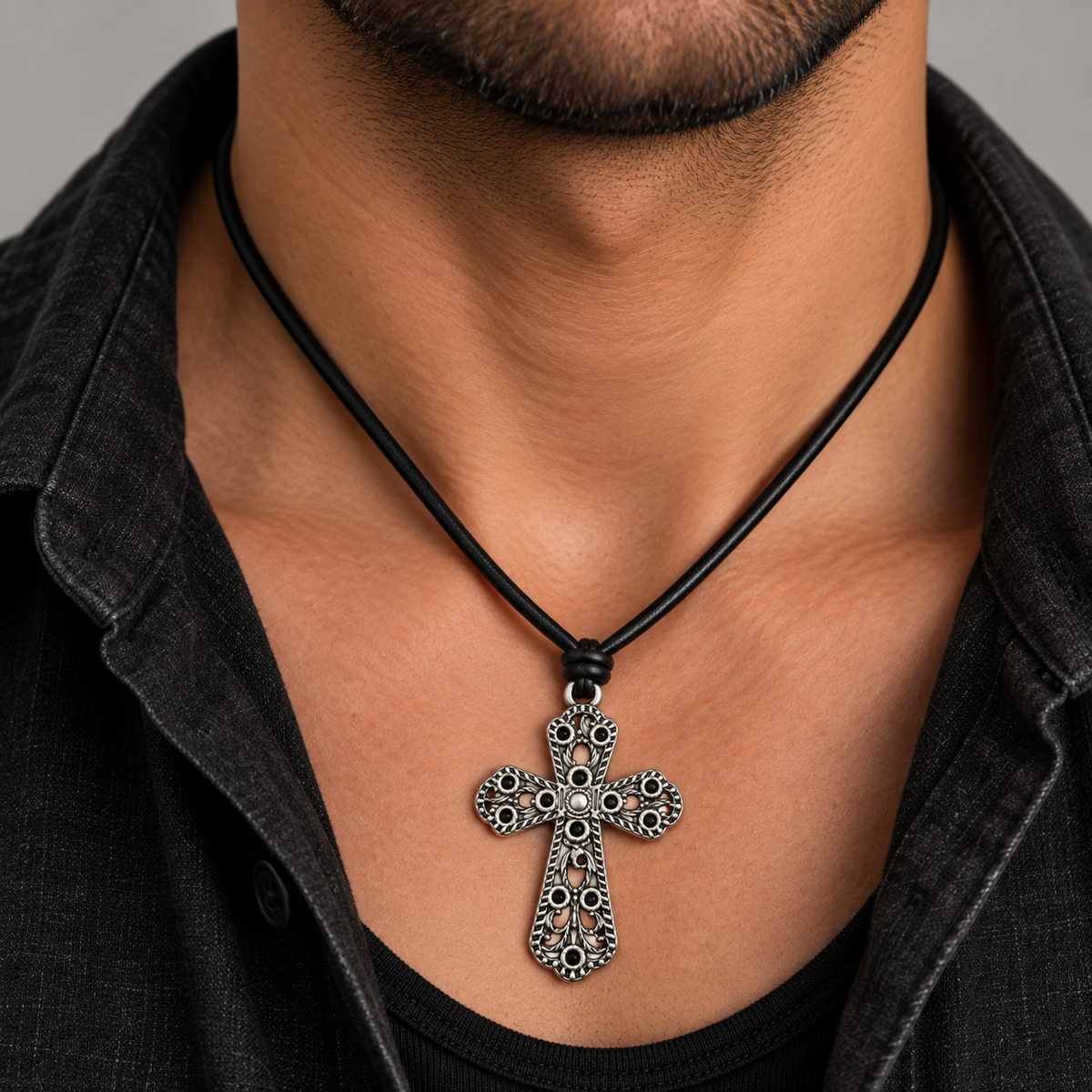 Ornate Cross Pendant Leather Necklace for Men