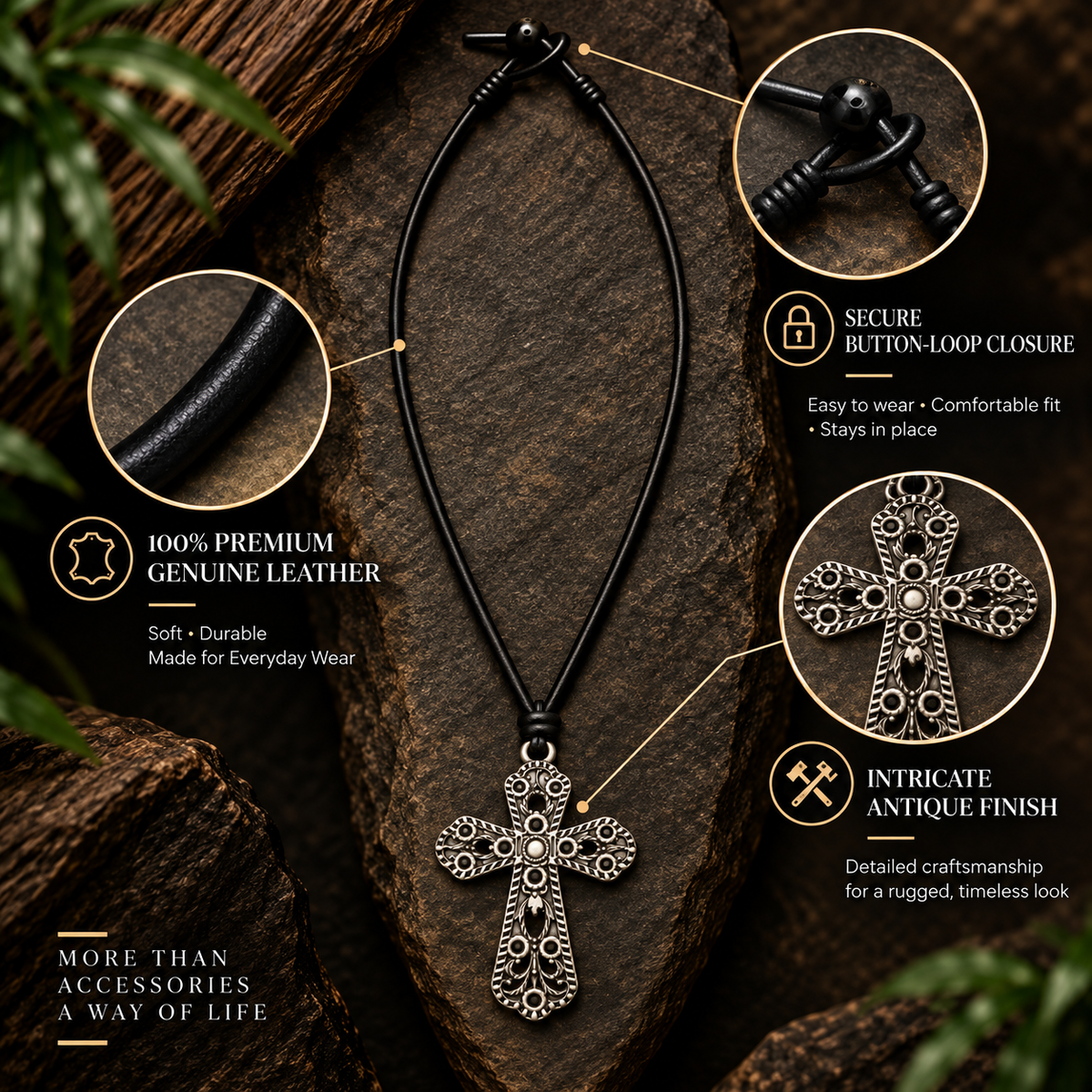 Ornate Cross Pendant Leather Necklace for Men