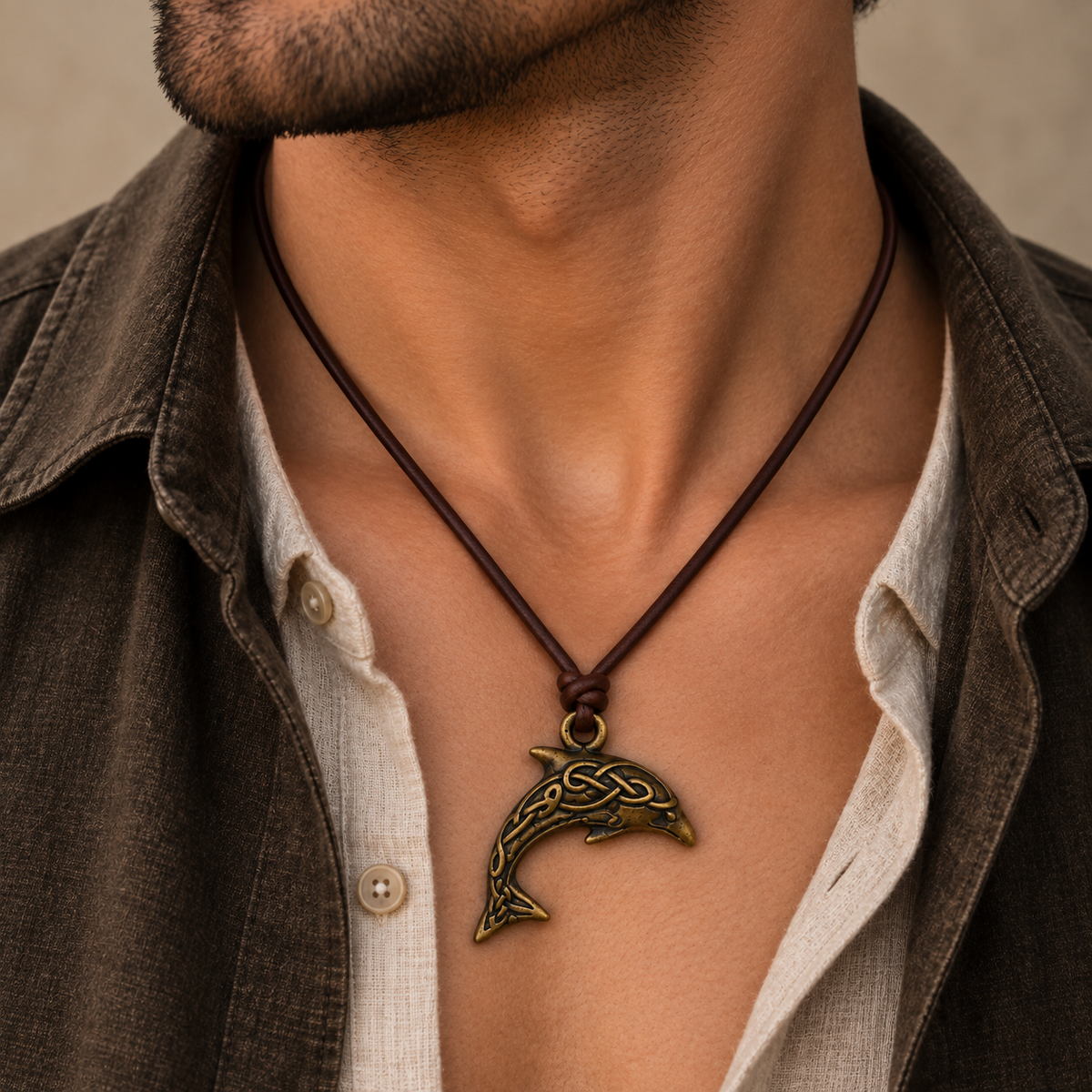 Ornate Dolphin Leather Necklace for Men