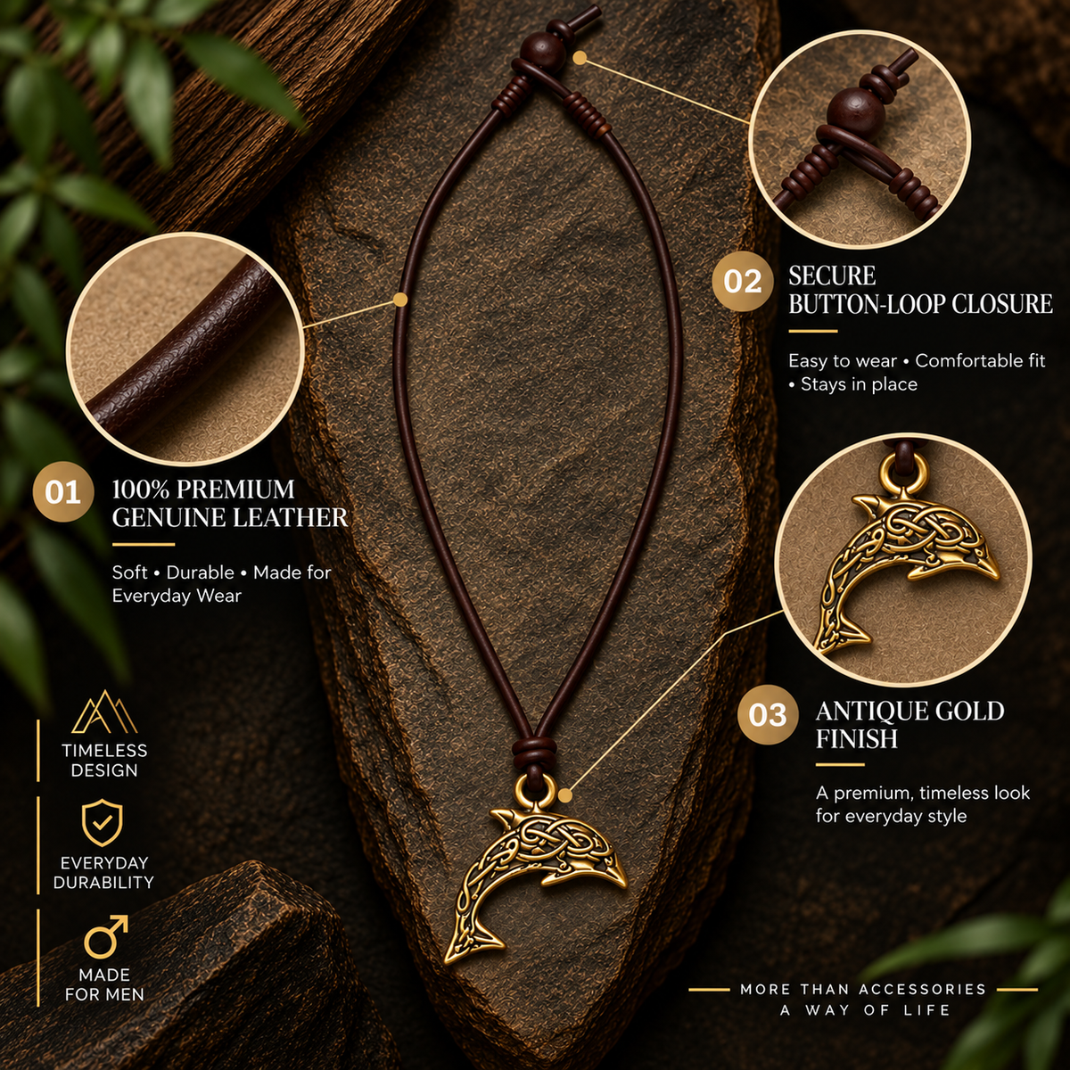 Ornate Dolphin Leather Necklace for Men
