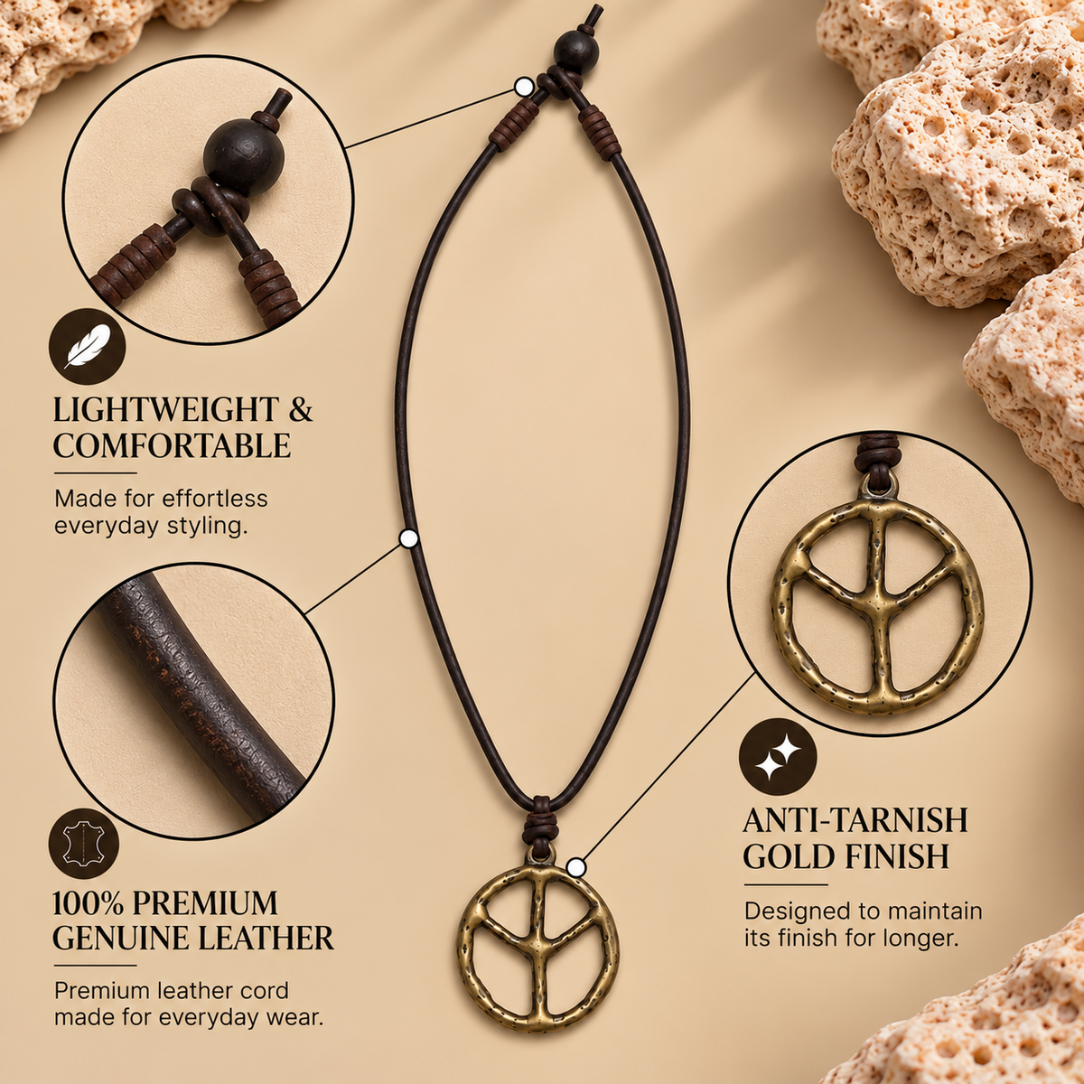 Peace Symbol Leather Necklace for Men