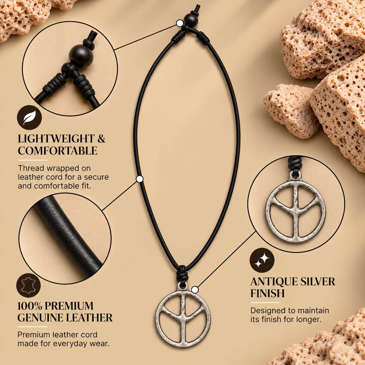 Peace Symbol Leather Necklace for Men